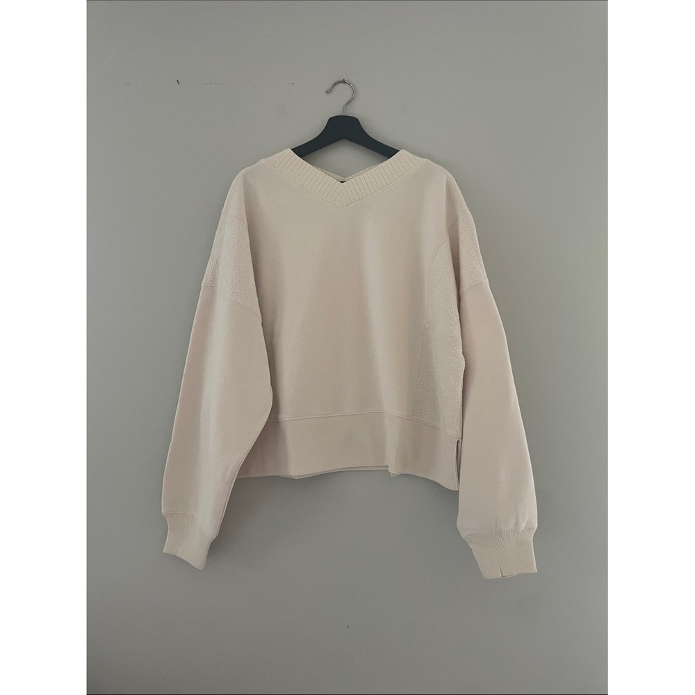 Aerie Oversized V-Neck Mixed Texture Sweatshirt Cream Medium - Picture 10 of 10
